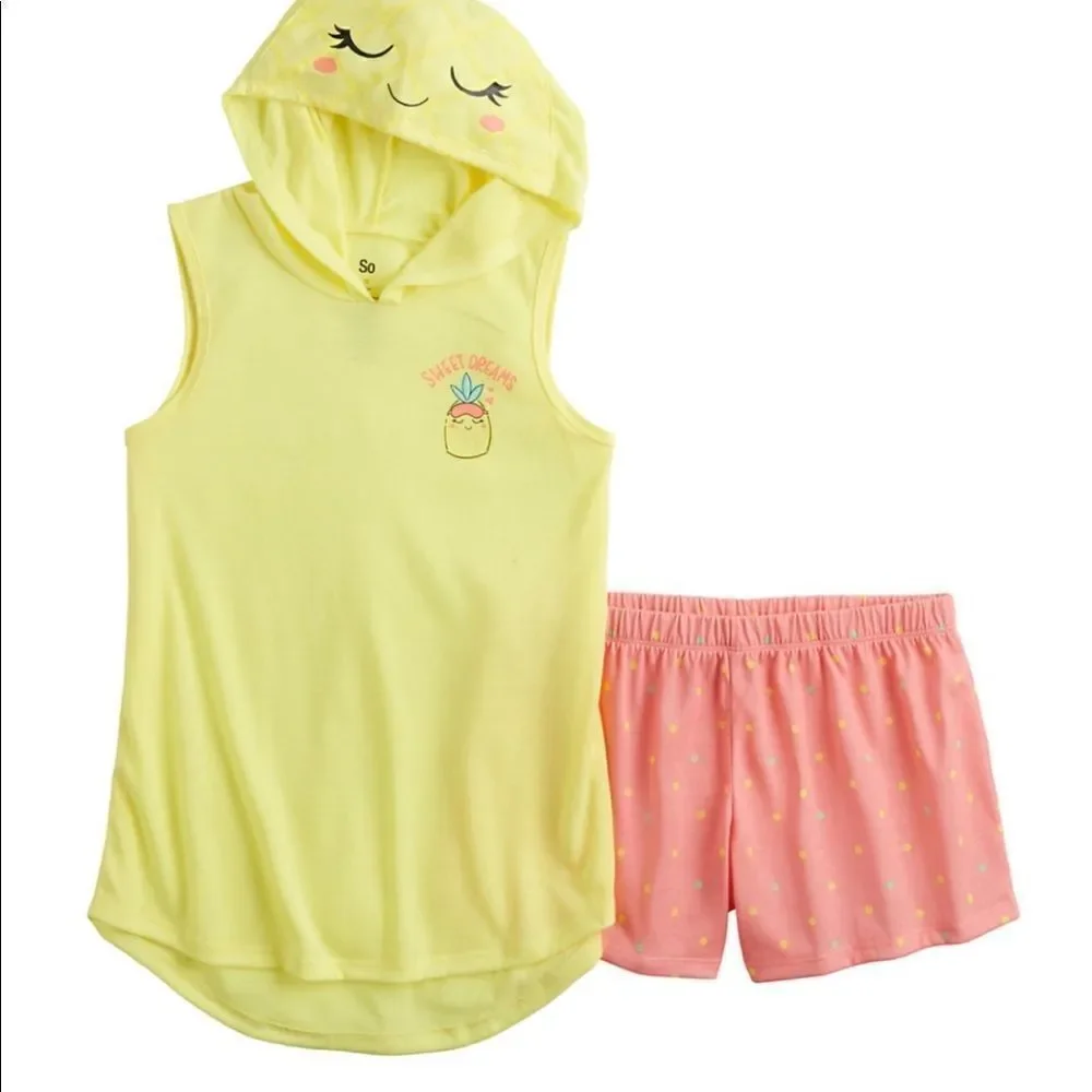 SO Girls Size 6 Pineapple Hooded Tank Too & Shorts Pajama Set